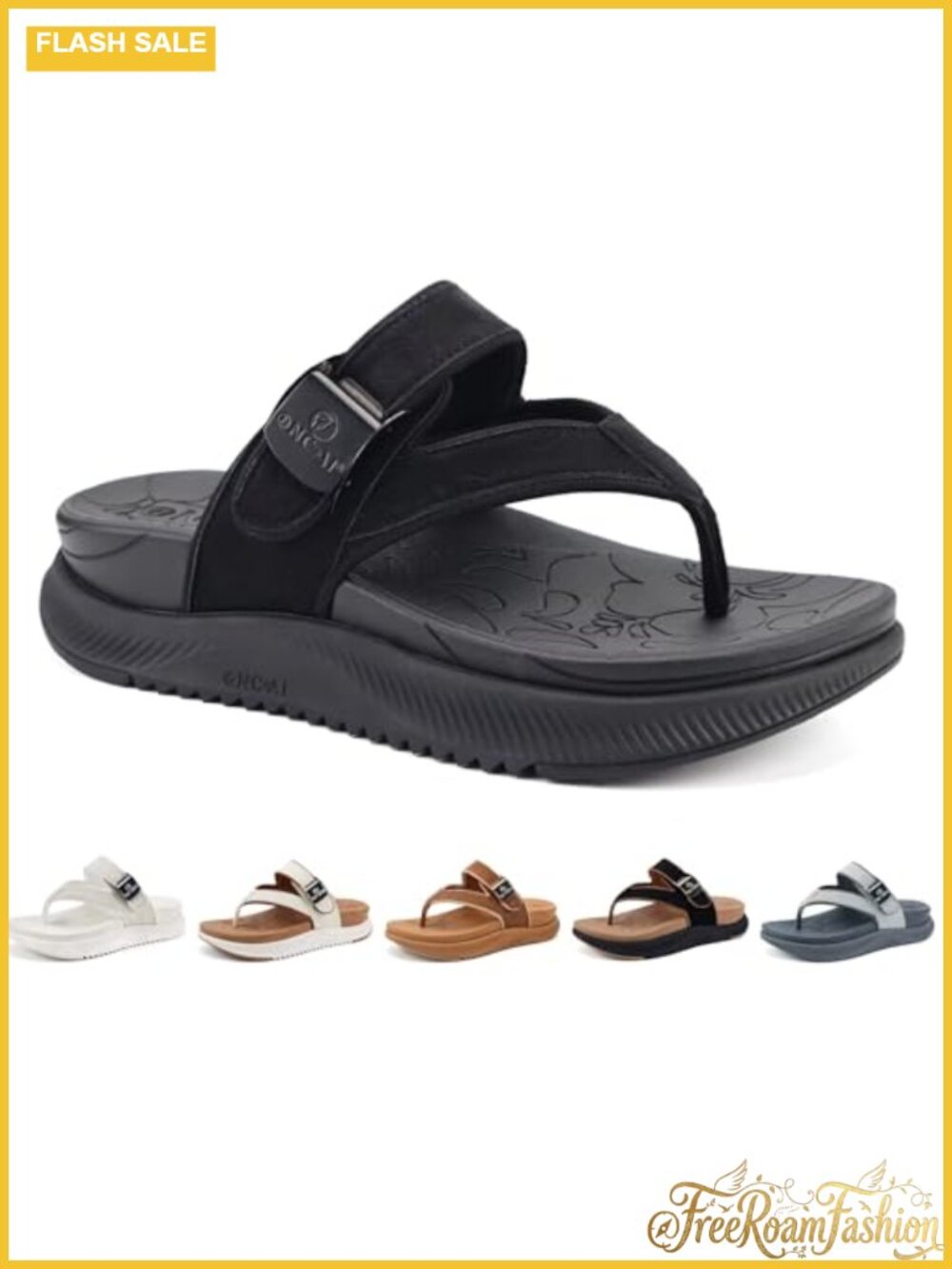 Faux Leather Platform Flip Flops with Arch Support Thick Rubber Sole